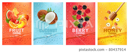 Set of labels with fruit and berry drink. Fresh fruits juice splashing together- watermelon, banana, mango, orange, strawberry, raspberry, coconut, honey, nut juice drink splashing. Vector Set of labels with fruit and berry drink. Fresh fruits juice splashing together- watermelon, banana, mango, orange, strawberry, raspberry, coconut, honey, nut juice drink splashing. Vector 80437914