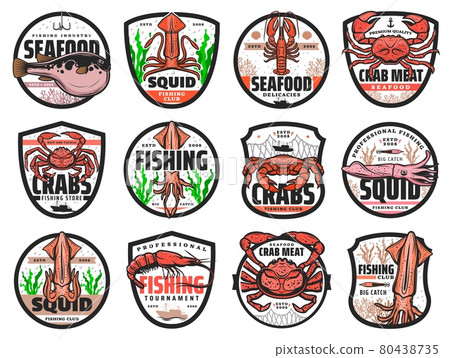 Sea fishing vector icons for seafood restaurant 80438735