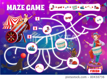 Kids board game maze labyrinth, circus clowns Kids board game maze labyrinth, circus clowns 80438736