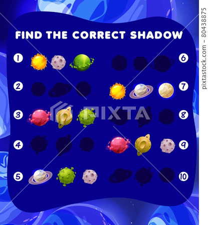 Cartoon space planets shadow matching game, test 80438875