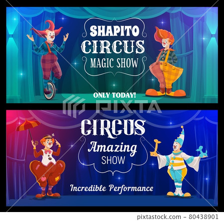 Shapito circus show, cartoon clowns vector banners 80438901