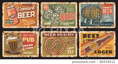 Beer and snacks rusty metal plates, rust signs set 80438912