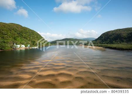 Top view of a gorgeous extensive river, wavy sands, green mountains. Iriomote Island. 80439335