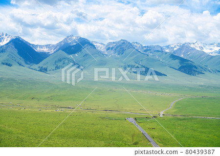 Nalati grassland with the blue sky. Nalati grassland with the blue sky. 80439387