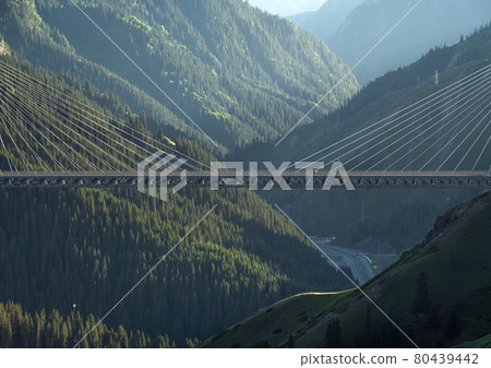 The bridge between the mountains. Guozigou Bridge in Xinjiang, China. 80439442
