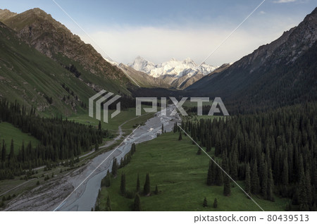 River and mountains with white clouds. 80439513