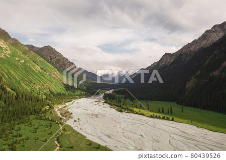 River and mountains with white clouds. River and mountains with white clouds. 80439526