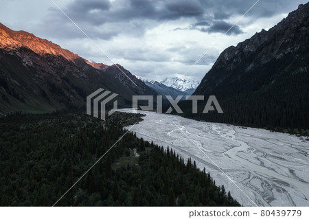 River and mountains at sunset. River and mountains at sunset. 80439779