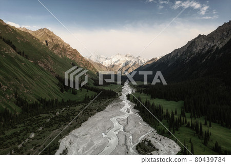 River and mountains with white clouds. River and mountains with white clouds. 80439784