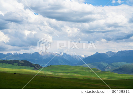 Grassland and mountains in a cloudy day. Photo in Kalajun grassland in Xinjiang, China. 80439811