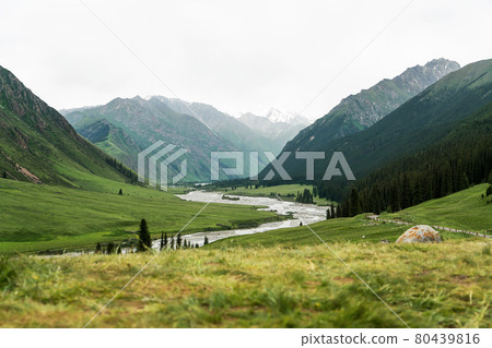 River and mountains with white clouds. 80439816