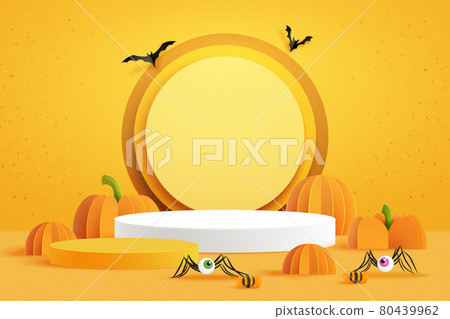 3d Paper art of Happy halloween banner background and podium platform template.Halloween pumpkins and flying bats on orange background. 80439962