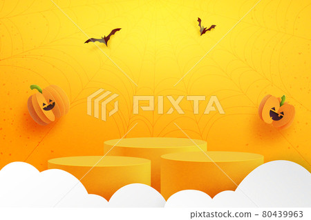Happy halloween banner background and podium platform template.Halloween pumpkins and flying bats on orange background. Happy halloween banner background and podium platform template.Halloween pumpkins and flying bats on orange background. 80439963