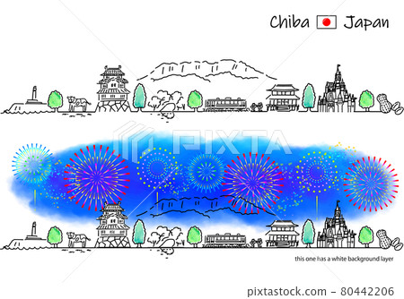 Chiba cityscape and fireworks simple line drawing set Chiba cityscape and fireworks simple line drawing set 80442206