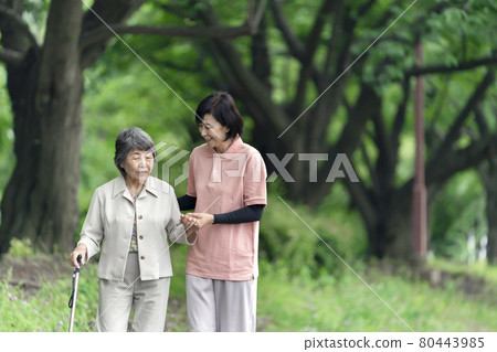 Senior woman and caregiver taking a walk in the park 80443985