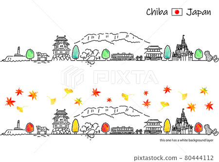 Simple line drawing set of the cityscape of Chiba in autumn 80444112
