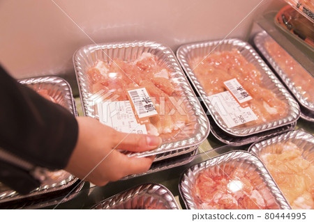 一個超市肉店手頭的形象，一位年輕女性購買打折肉 80444995
