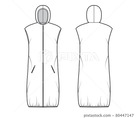 Down vest puffer waistcoat technical fashion illustration with hoody collar, zip-up closure, pockets, loose, knee length Down vest puffer waistcoat technical fashion illustration with hoody collar, zip-up closure, pockets, loose, knee length 80447147