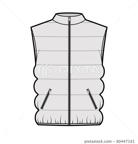 Down vest puffer waistcoat technical fashion illustration with stand collar, zip-up closure, oversized, classic quilting Down vest puffer waistcoat technical fashion illustration with stand collar, zip-up closure, oversized, classic quilting 80447181