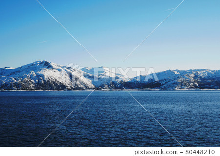 Snowy landscape of the Lofoten Islands in Norway Snowy landscape of the Lofoten Islands in Norway 80448210