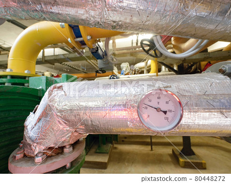 Manometers and valves with heating pipelines in boiler room Manometers and valves with heating pipelines in boiler room 80448272