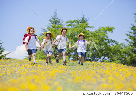 小學生背著書包在花田裡散步 80448509