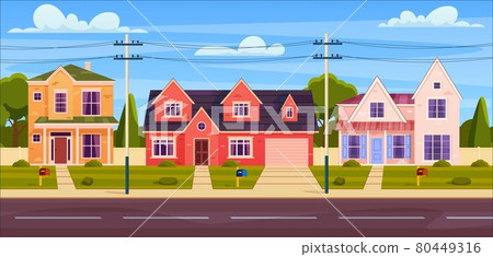 Rural cottages, suburban street with buildings Rural cottages, suburban street with buildings 80449316