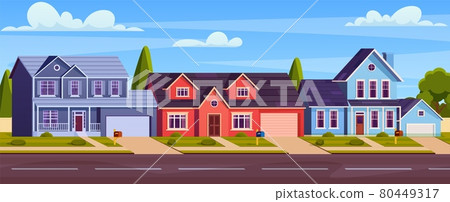 Rural cottages, suburban street with buildings 80449317