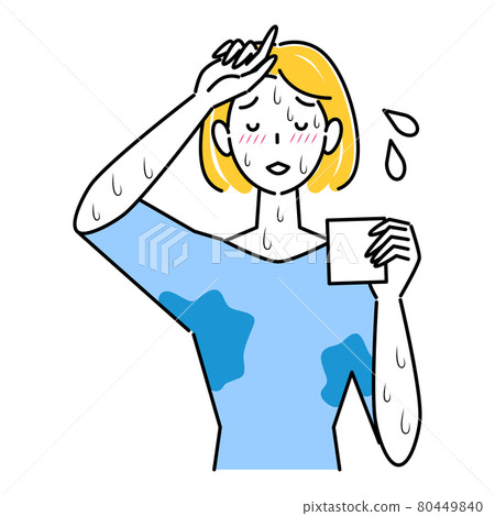 A cute woman who is in trouble because she is very sweaty. A large amount of unstoppable sweat illustration Simple vector 80449840