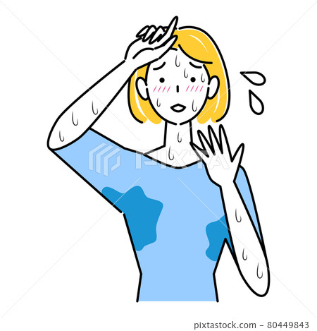 一個可愛的女人，因為她出汗很多而陷入困境 大量不可阻擋的汗水插圖 簡單矢量 80449843