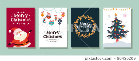 Collection of Merry Christmas congratulation cards with Santa Claus character, xmas toys, mistletoe wreath and decorated fir tree.  80450209
