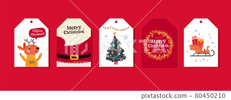 Collection of Merry Christmas congratulation tags and stickers with cute reindeer character, santa beard 80450210