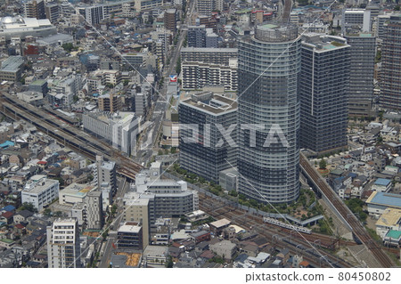 View from Tokyo Skytree: Tobu Kameido Line 8000 series train departing Hikifune Station 80450802