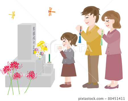 A family of three visiting a grave on the equinoctial week in autumn A family of three visiting a grave on the equinoctial week in autumn 80451411