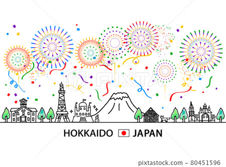 北海道城市景觀的簡單線條畫和5種顏色的紙屑和煙花 北海道城市景觀的簡單線條畫和5種顏色的紙屑和煙花 80451596