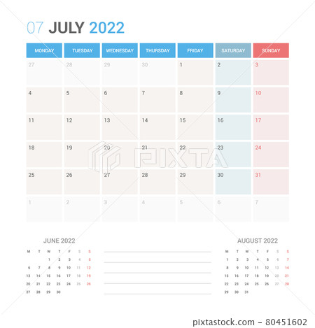 July 2022 Planner Calendar Week starts on Monday. Simple and clean calendar design planner template vector. July 2022 Planner Calendar Week starts on Monday. Simple and clean calendar design planner template vector. 80451602
