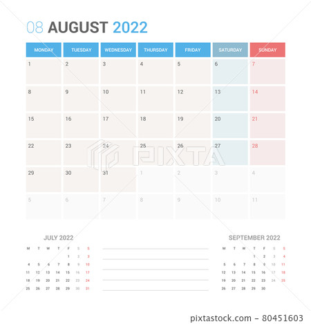 August 2022 Planner Calendar Week starts on Monday. Simple and clean calendar design planner template vector. August 2022 Planner Calendar Week starts on Monday. Simple and clean calendar design planner template vector. 80451603