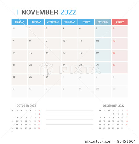 November 2022 Planner Calendar Week starts on Monday. Simple and clean calendar design planner template vector. November 2022 Planner Calendar Week starts on Monday. Simple and clean calendar design planner template vector. 80451604