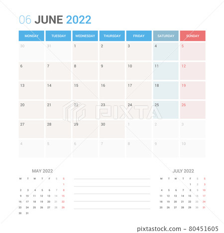 June 2022 Planner Calendar Week starts on Monday. Simple and clean calendar design planner template vector. June 2022 Planner Calendar Week starts on Monday. Simple and clean calendar design planner template vector. 80451605