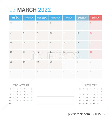 March 2022 Planner Calendar Week starts on Monday. Simple and clean calendar design planner template vector. March 2022 Planner Calendar Week starts on Monday. Simple and clean calendar design planner template vector. 80451606