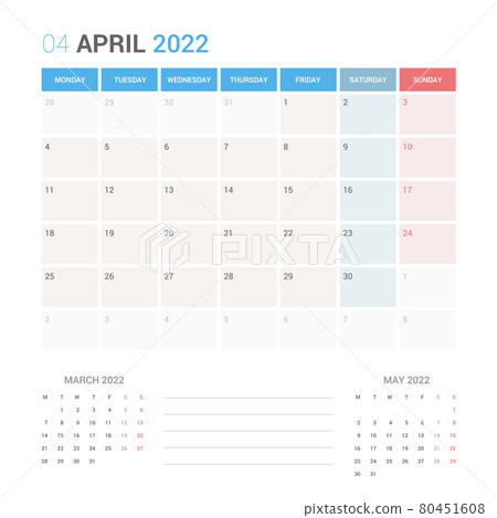 April 2022 Planner Calendar Week starts on Monday. Simple and clean calendar design planner template vector. 80451608