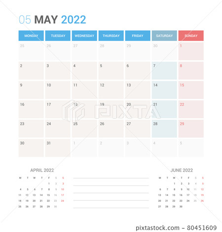 May 2022 Planner Calendar Week starts on Monday. Simple and clean calendar design planner template vector. 80451609