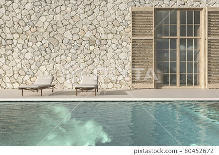 Scandinavian modern design outdoor terrace with chaise lounge and swimming pool. Mock up wall background. 3d render illustration farmhouse style. 80452672