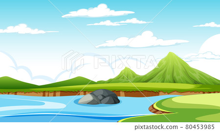 Blank meadow landscape at daytime scene with river 80453985