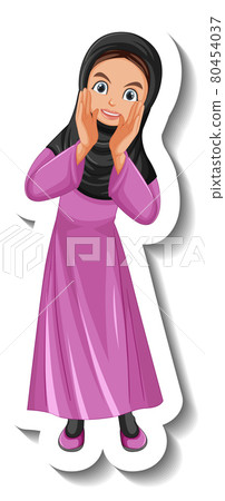 Muslim woman cartoon character sticker on white background Muslim woman cartoon character sticker on white background 80454037