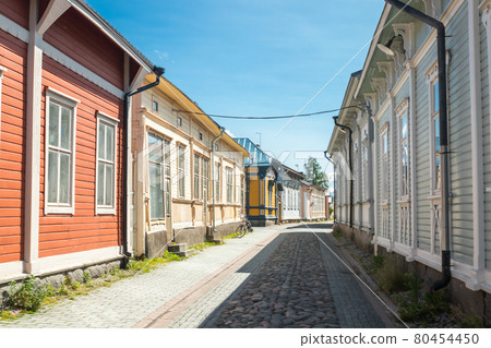 Rauma, Finland - 27 June, 2019: Old Rauma, one of UNESCO World Heritage sites, is the largest unified wooden town in the Nordic countries Rauma, Finland - 27 June, 2019: Old Rauma, one of UNESCO World Heritage sites, is the largest unified wooden town in the Nordic countries 80454450