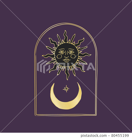 Vintage Mystic Sun and half Moon illustration with decorative arch 80455199