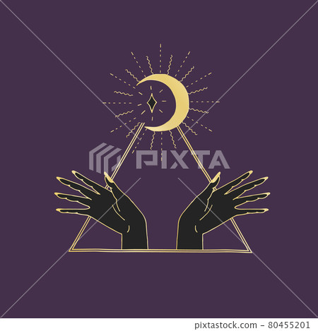 Vintage Mystic Half Moon and female hands inside triangle 80455201