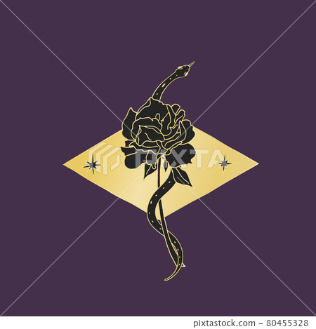 Vintage Gold and Black Mystic snake coiled around the rose flower. 80455328