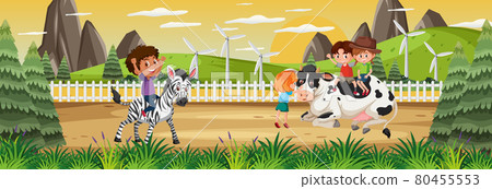 Panorama landscape scene with many kids and animals in the farm 80455553